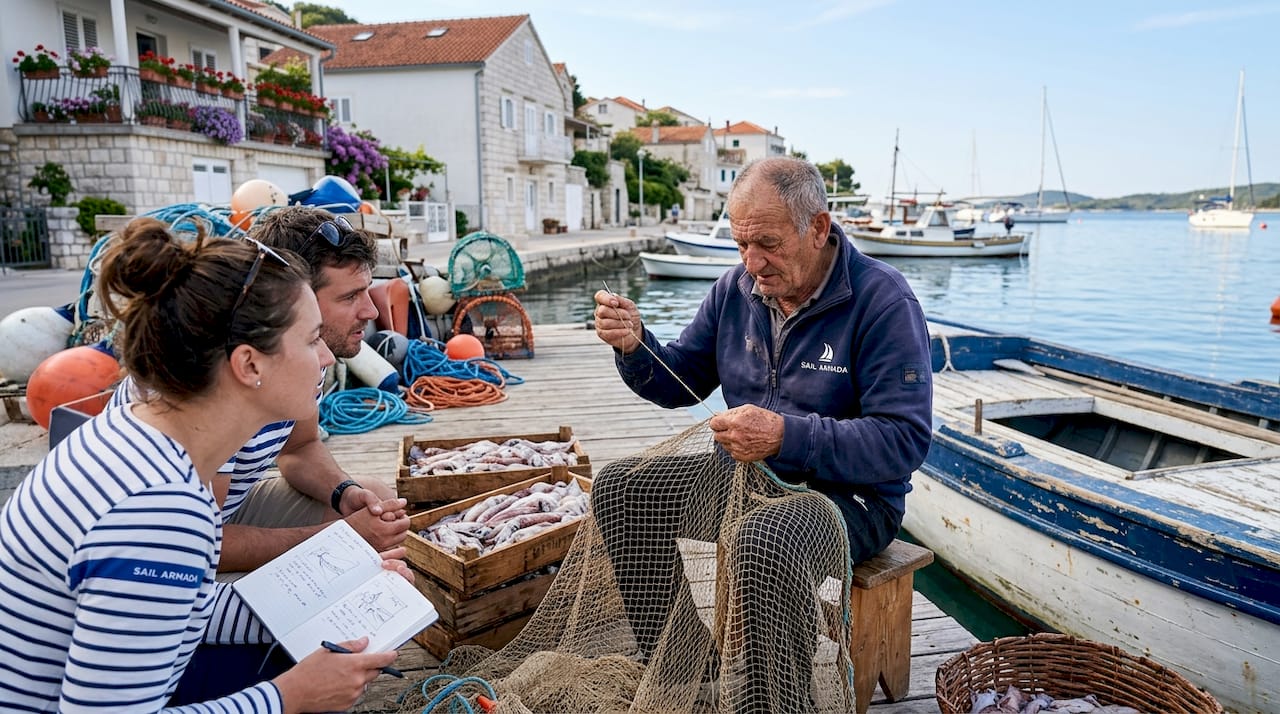Fisherman and travelers at Croatian harbor