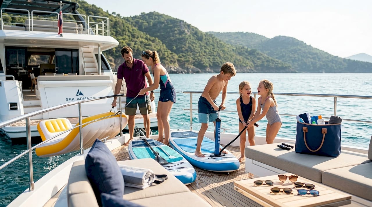 Group prepares yacht water toys together