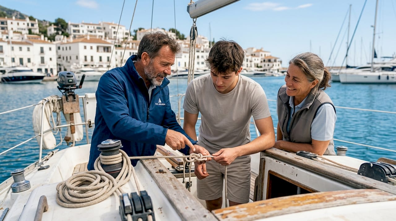 Experienced sailors teaching knots to beginner