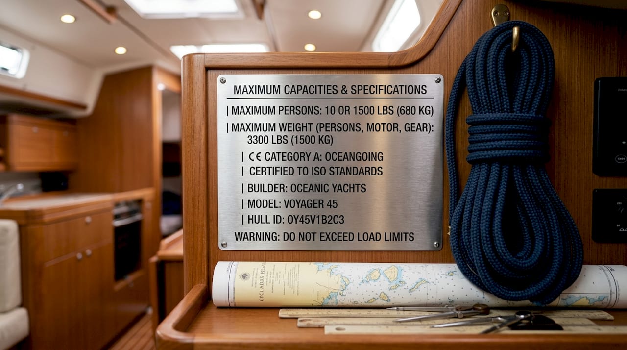 Close-up of yacht capacity plate on wood