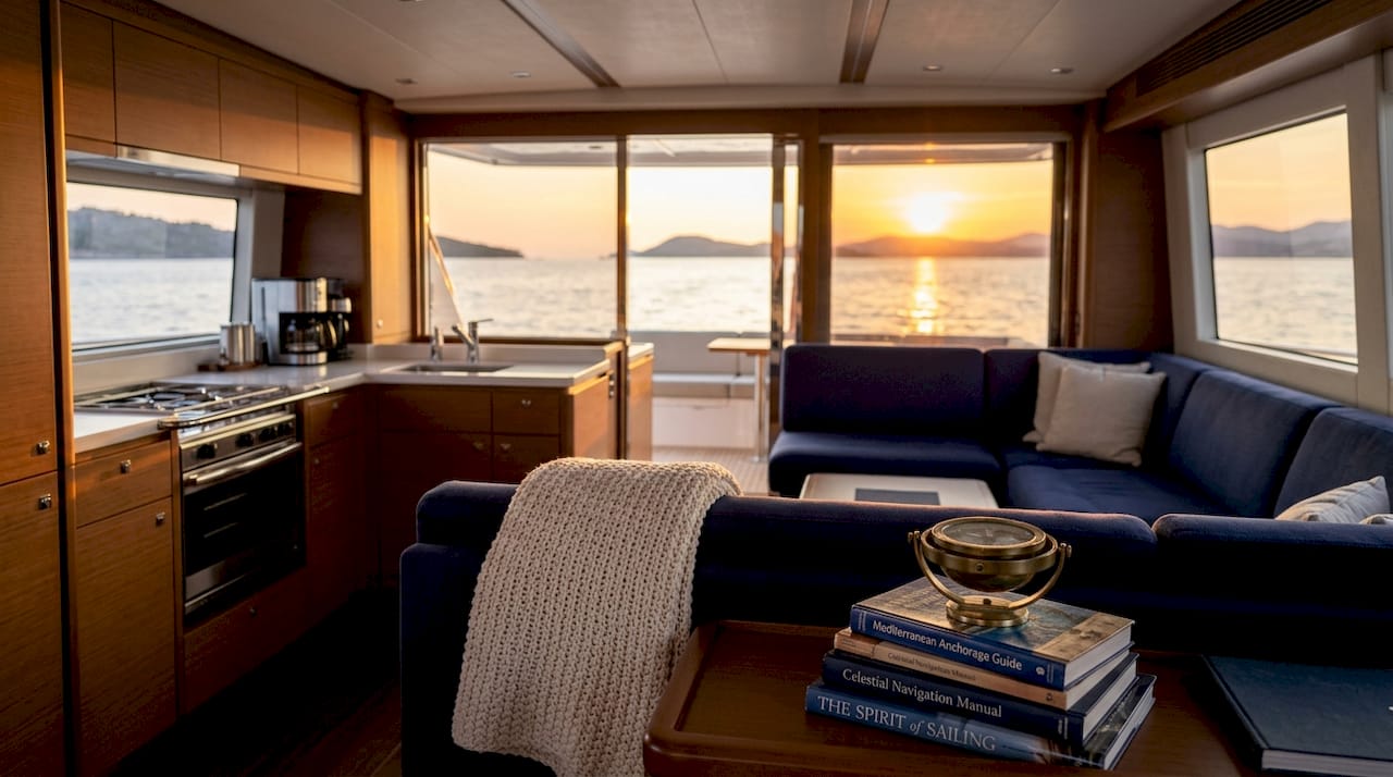 Interior view of yacht saloon and galley