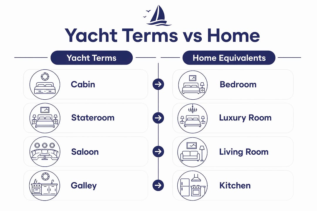 Infographic comparing yacht rooms with home equivalents