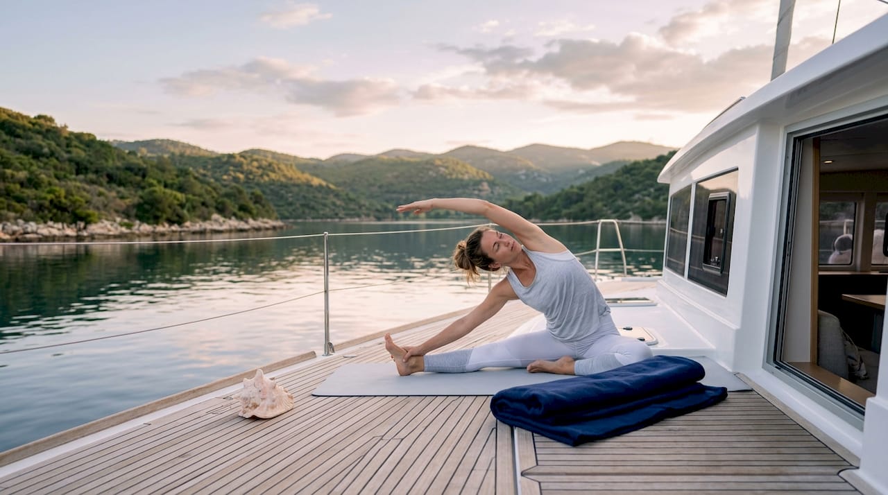 Person doing yoga on yacht deck at sunrise