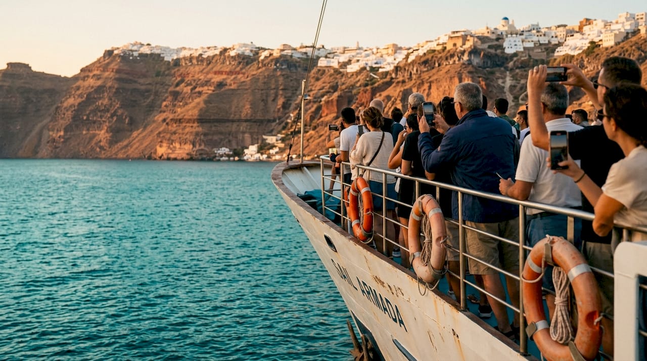 Ferry arriving at Santorini caldera coast