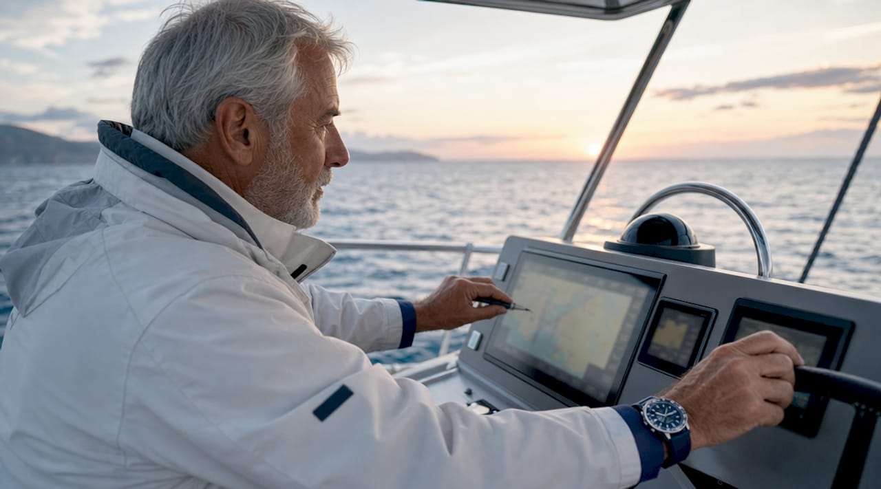 Hands using yacht chart plotter navigation tools