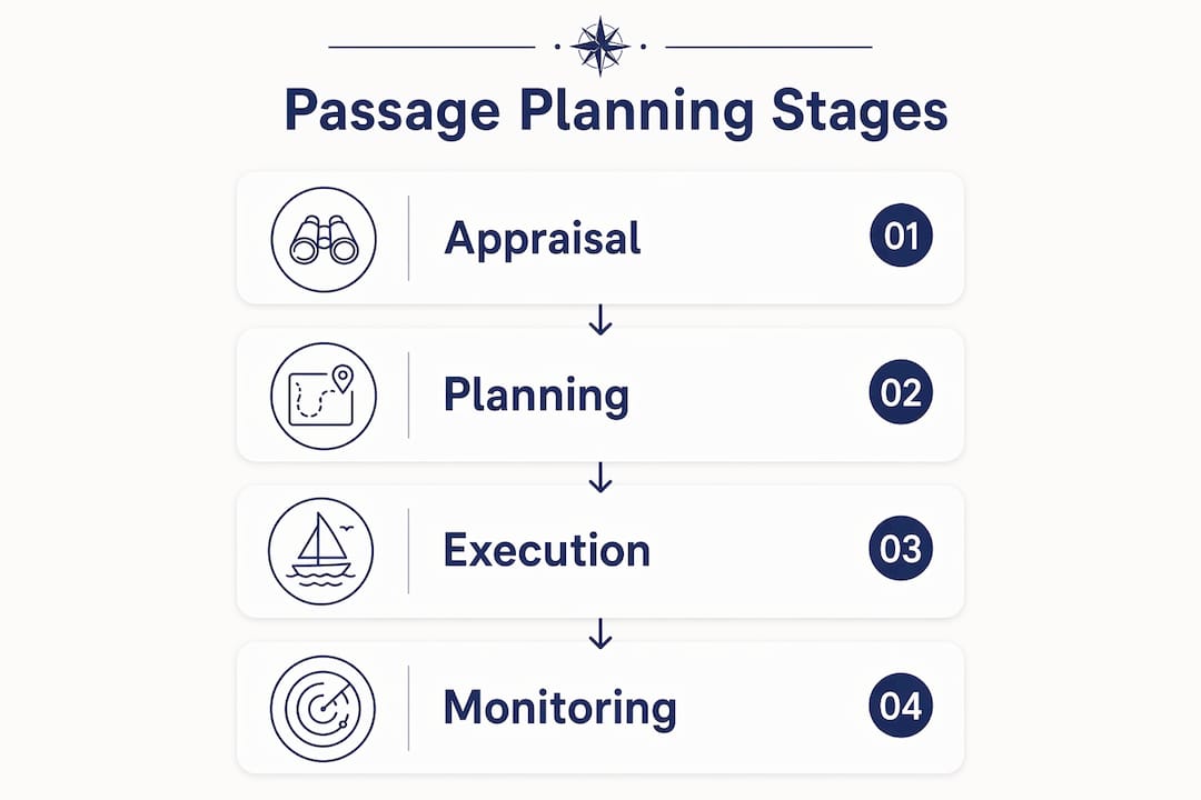 Infographic illustrating four stages of yacht passage planning