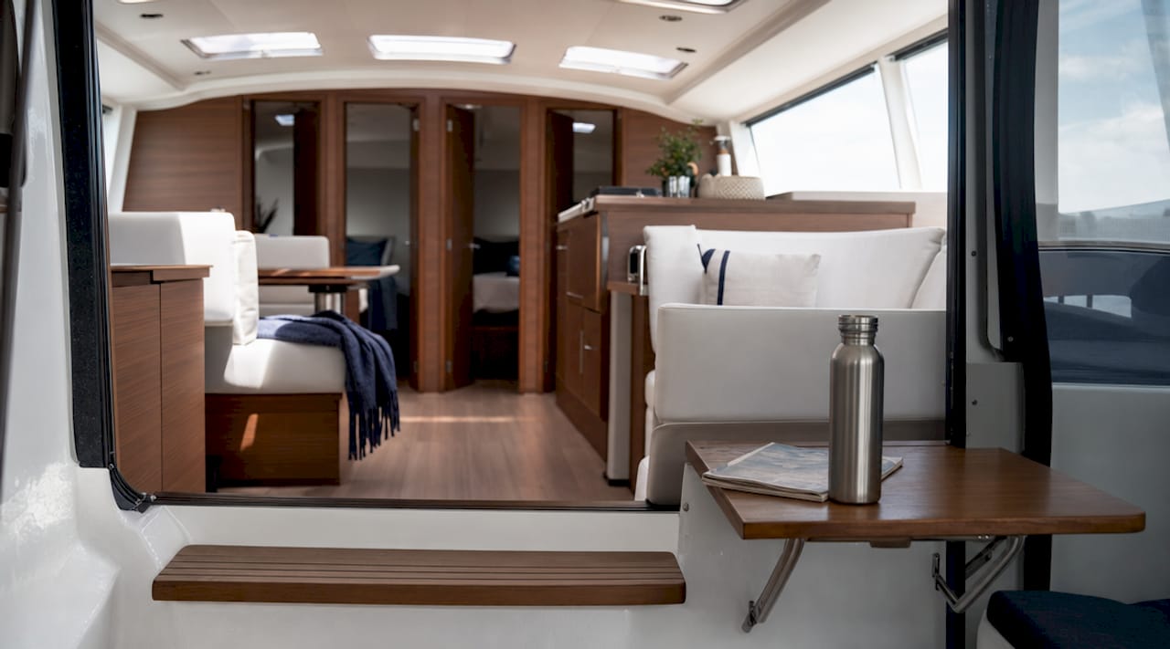 Spacious catamaran cabin interior layout
