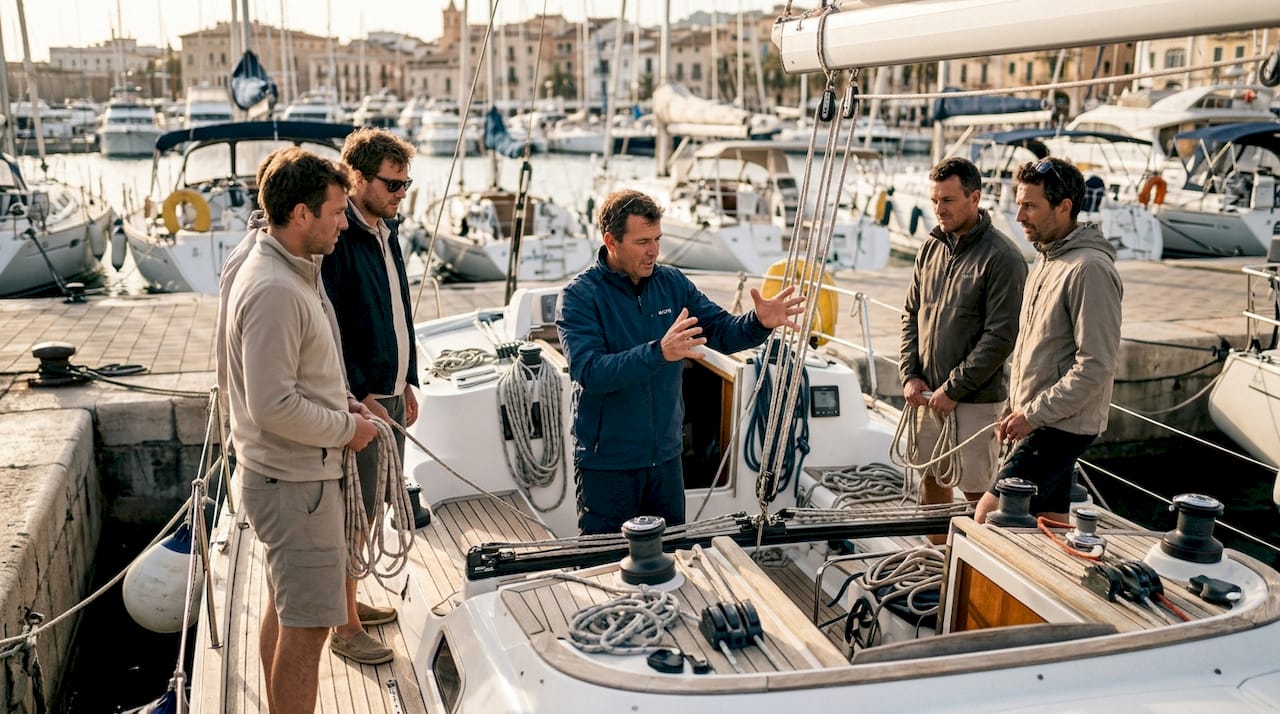 Sailing instructor demonstrating mooring safety technique