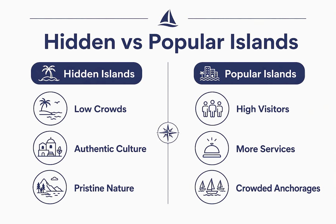 Comparison infographic of hidden and popular Greek islands