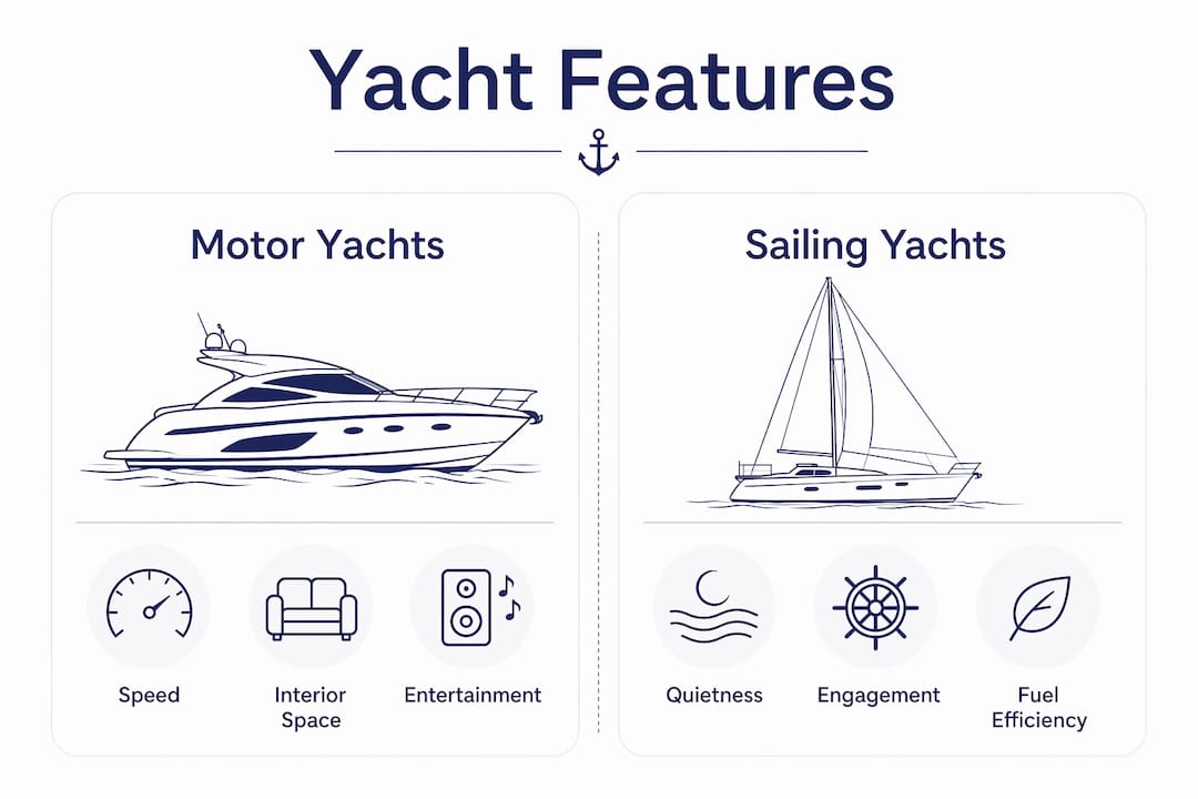 Infographic comparing motor yachts and sailing yachts key features