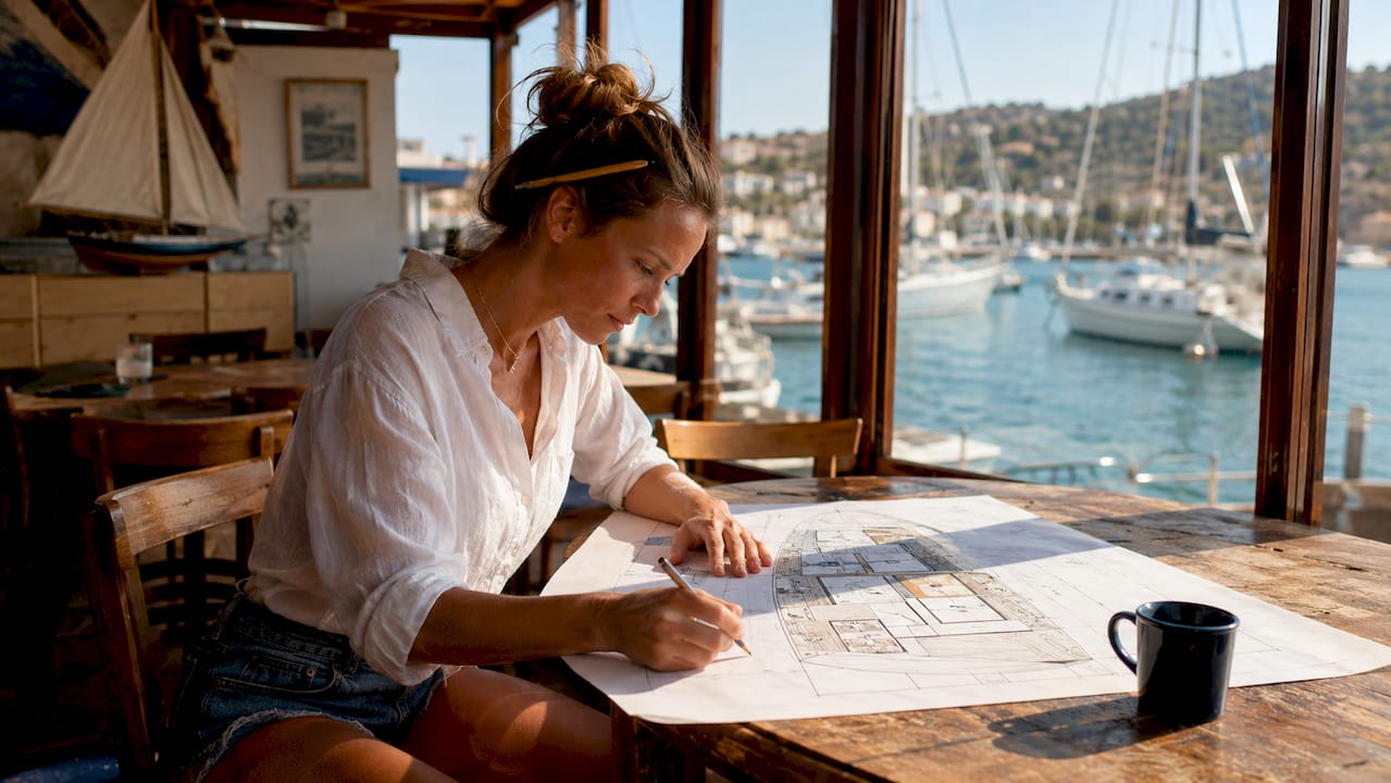Woman examining catamaran cabin layout blueprint
