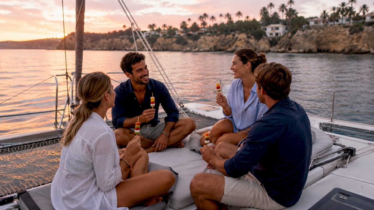 Skippers socializing on sailing yacht deck at sunset