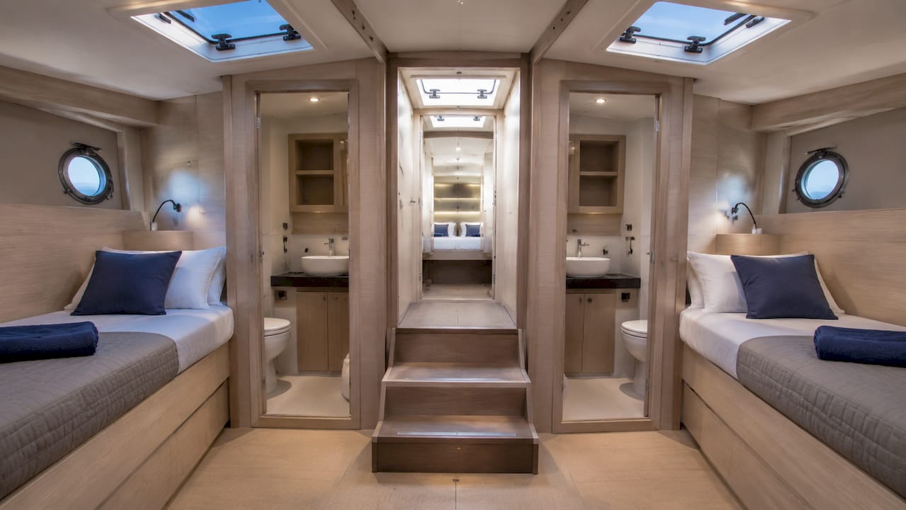 Overhead view of charter catamaran symmetrical cabin layout