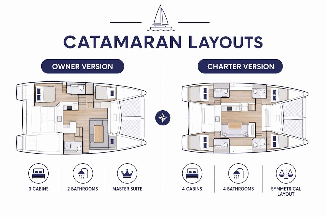 Infographic comparing owner and charter catamaran layouts