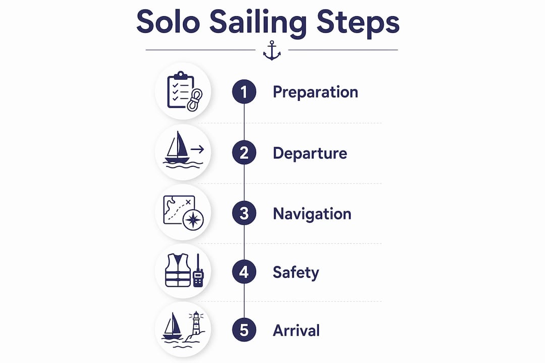 Infographic illustrating key steps of a solo sailing trip