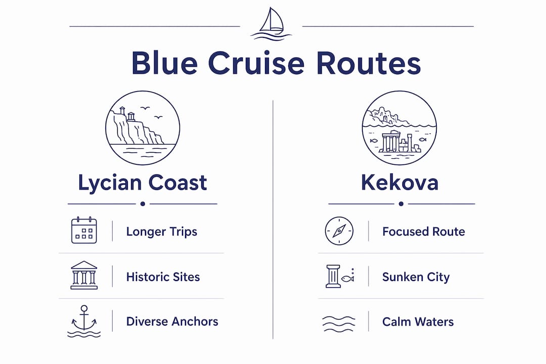 Infographic comparing Lycian Coast and Kekova Blue Cruise routes