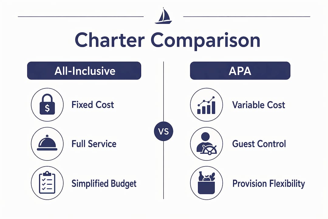 Infographic comparing all-inclusive and APA sailing charters