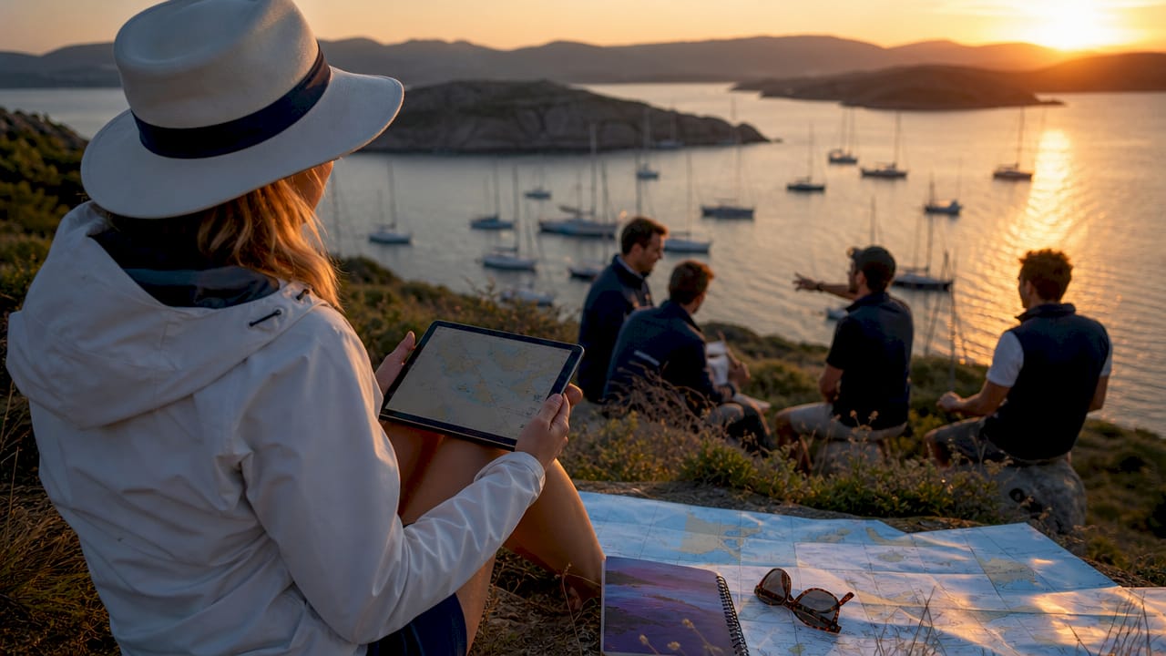 Woman using tablet to plan flotilla route outdoors