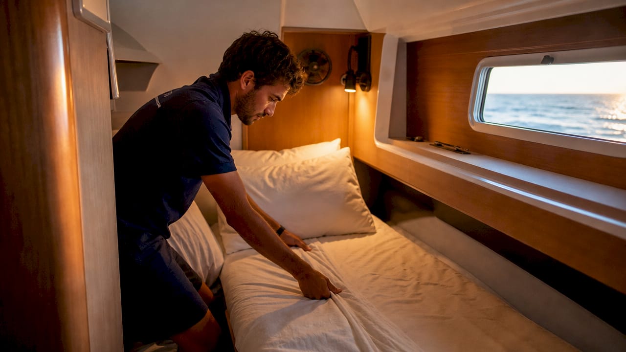 Basic yacht cabin with crew member adjusting bed