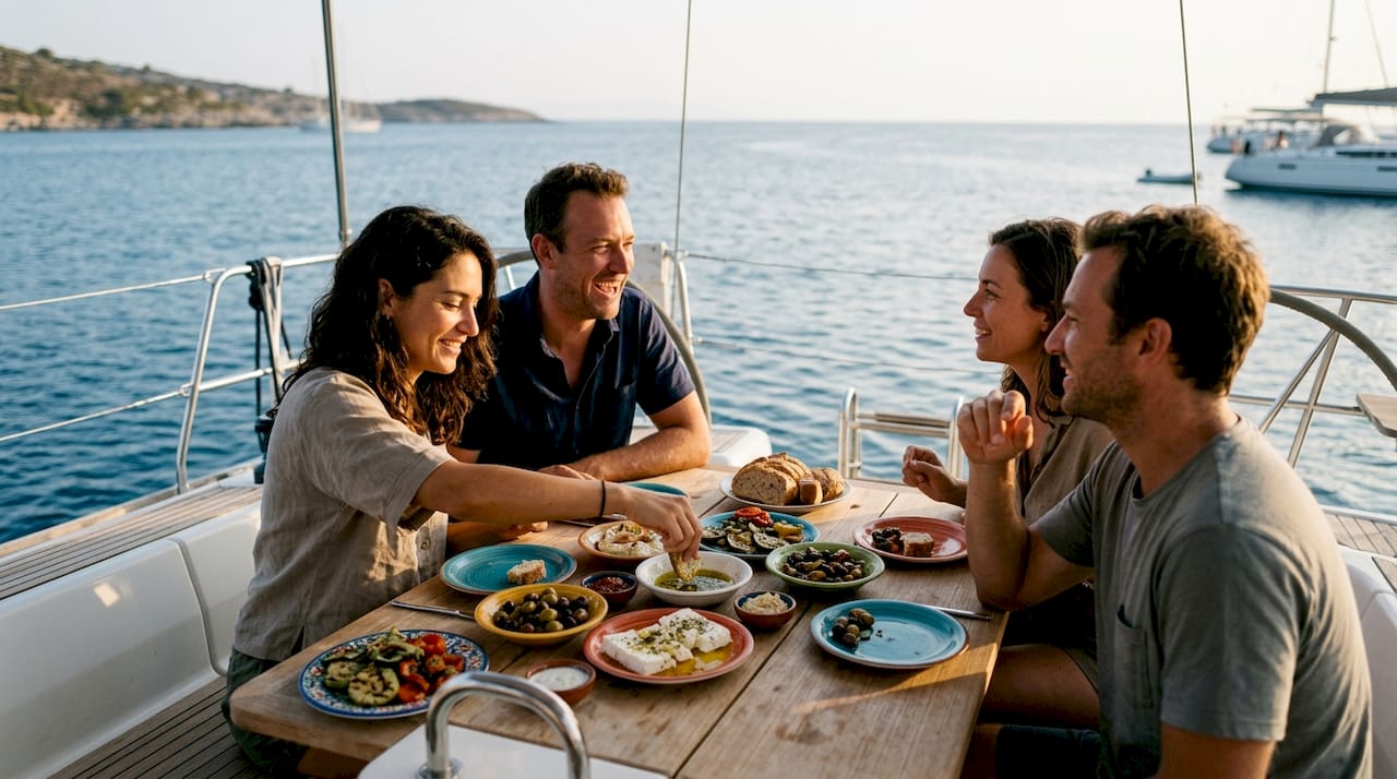 Group sharing meze plates aboard yacht dining table