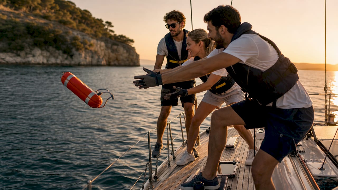 Crew conducting man overboard drill on sailing yacht