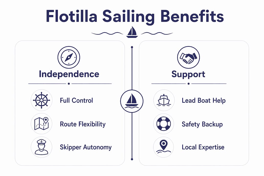 Infographic comparing independence and support benefits of flotilla sailing