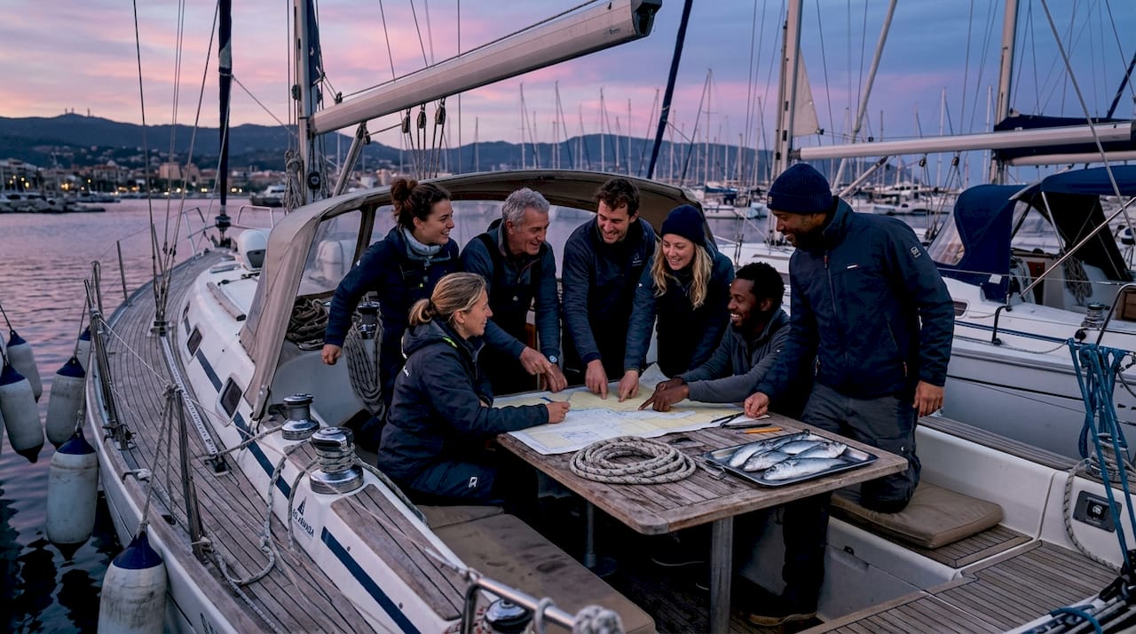Sailors collaborating aboard flotilla lead boat at sunset