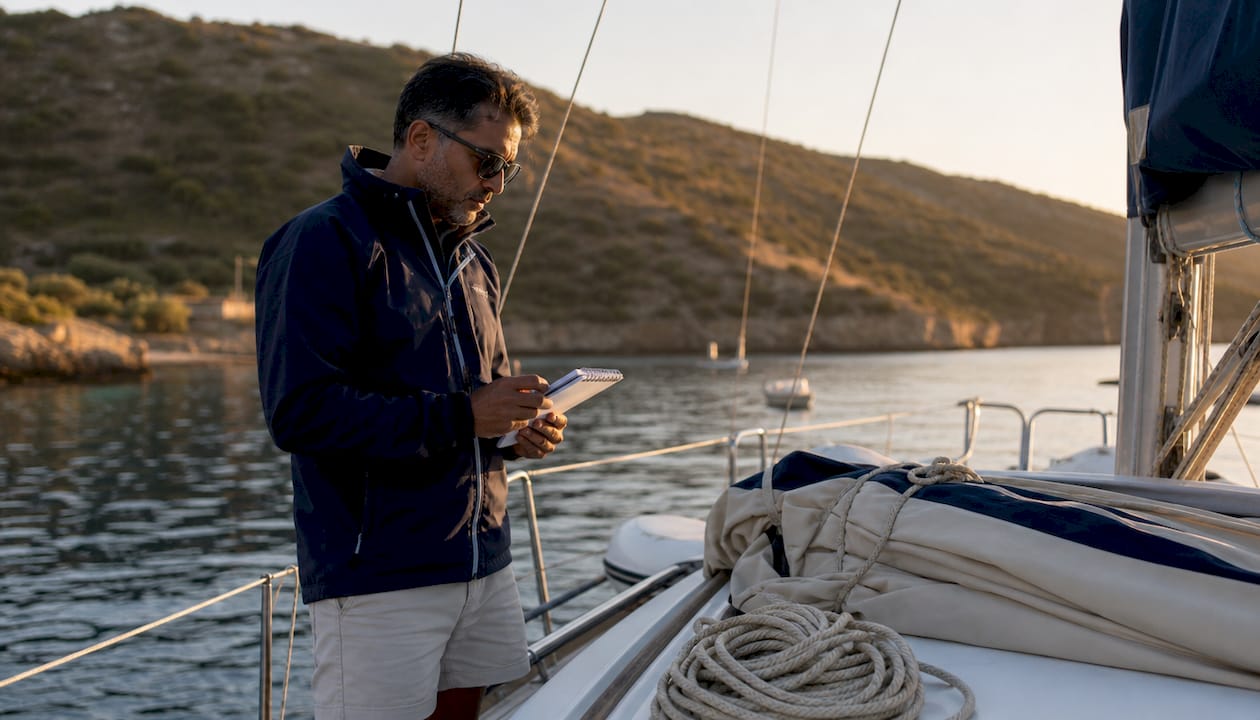 Sailor checking equipment on bareboat yacht deck