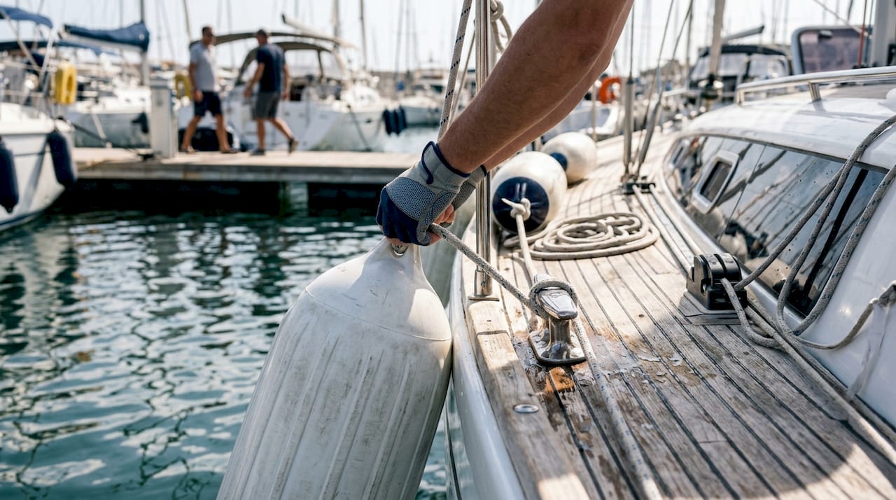 Close-up of hands rigging yacht fenders at marina