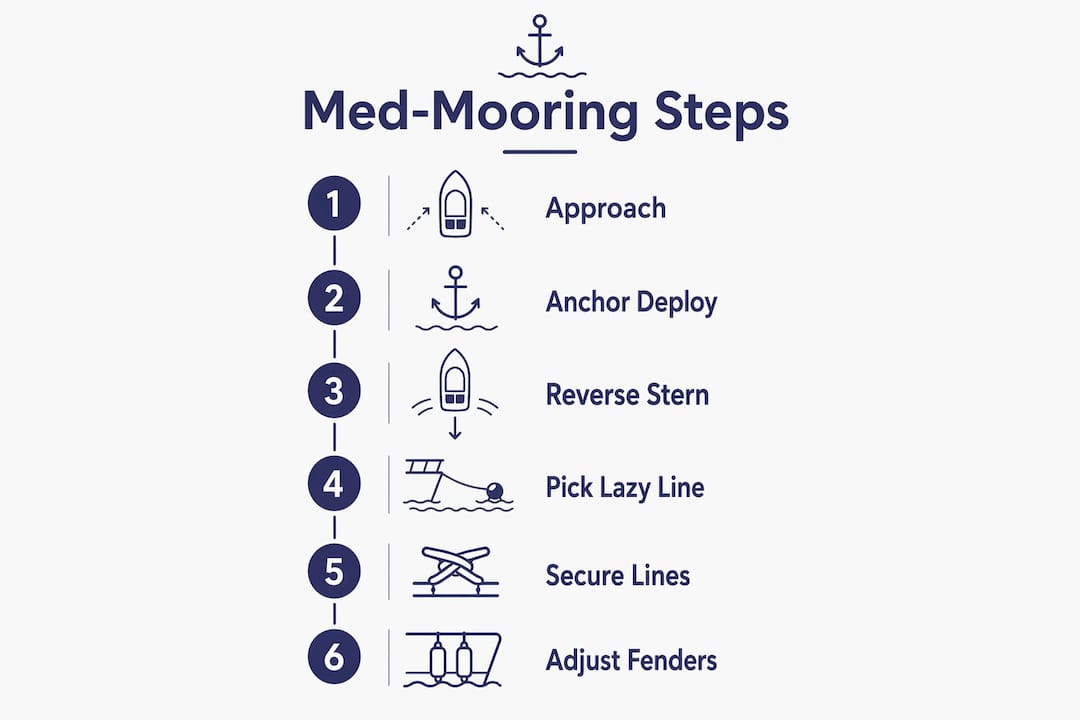 Infographic illustrating step-by-step Med-mooring technique