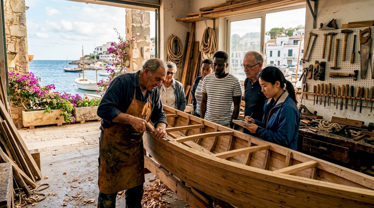 Group observing boat building workshop on Mediterranean coast