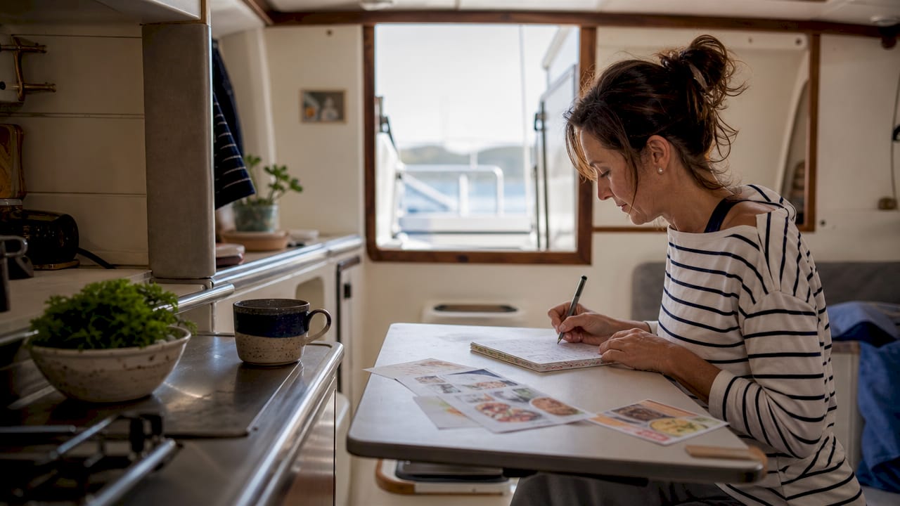 Mother plan meals in yacht galley cooking area