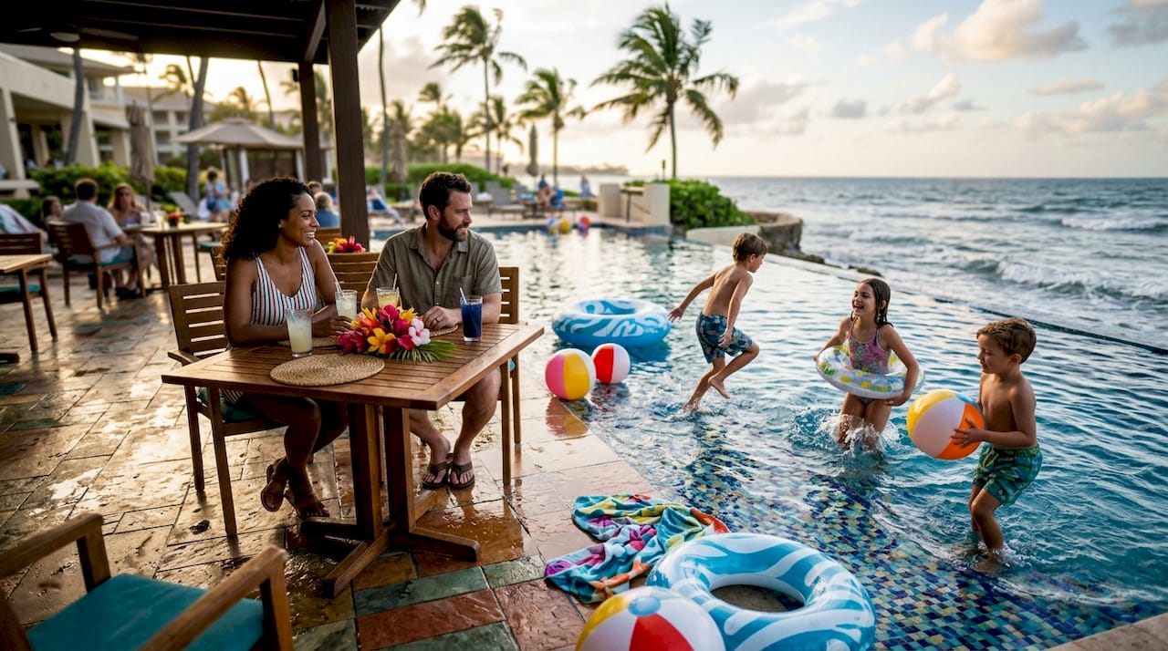 Family having fun at resort poolside