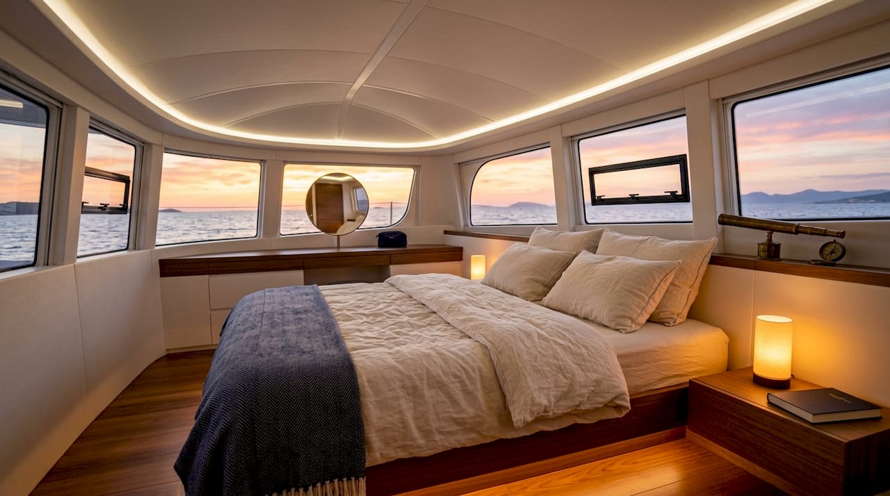 Interior master suite of single cabin catamaran showing bed and windows