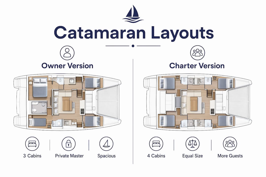 Infographic comparing owner and charter catamaran layouts with key features