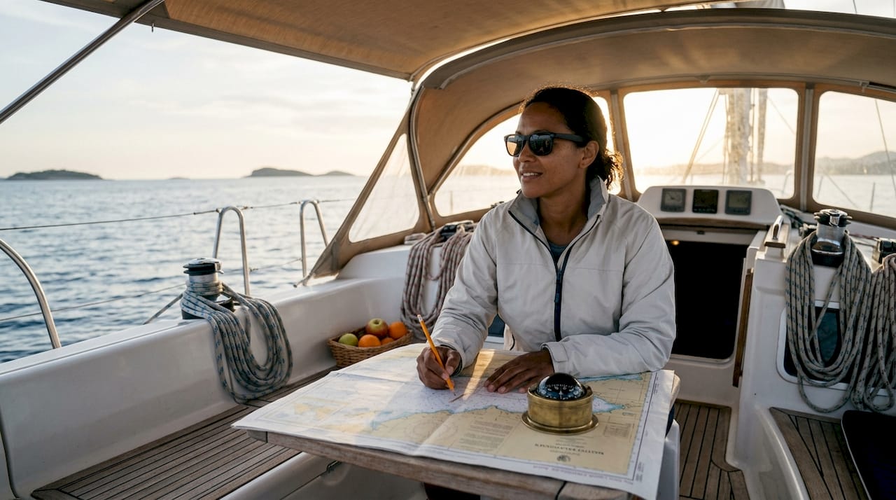Sailor navigating yacht with charts and GPS