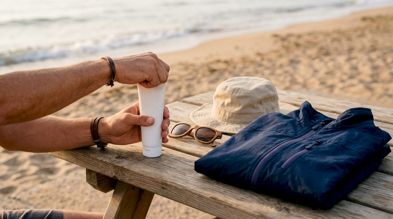 Close-up of sun protection items on teak boat table