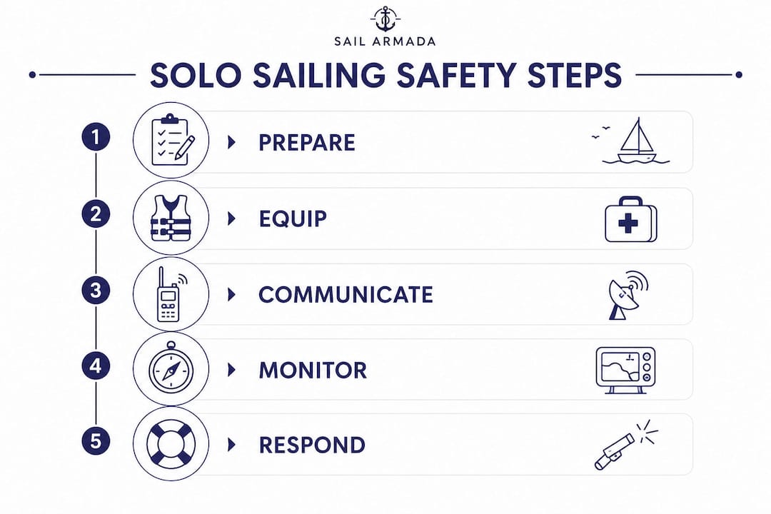 Infographic outlining solo sailing safety steps