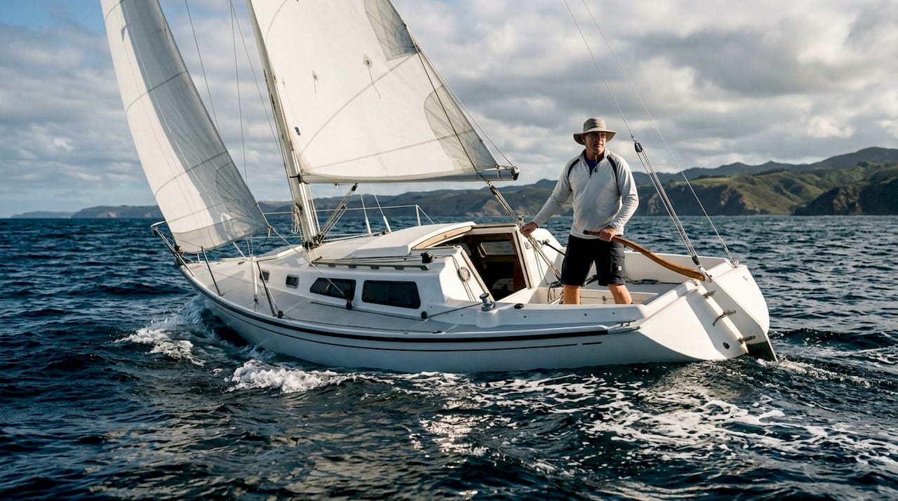 Sailboat heeling under wind with sailor steering