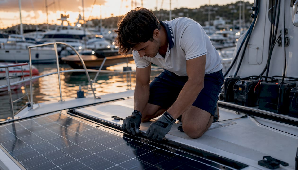 Hands installing solar panels on catamaran deck