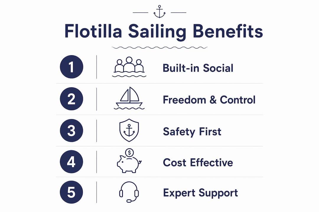 Infographic illustrating key benefits of flotilla sailing for solo travelers