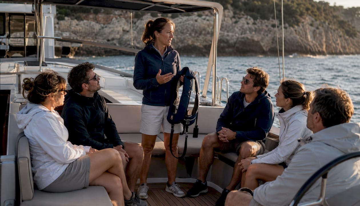 Skipper conducting safety briefing on yacht deck