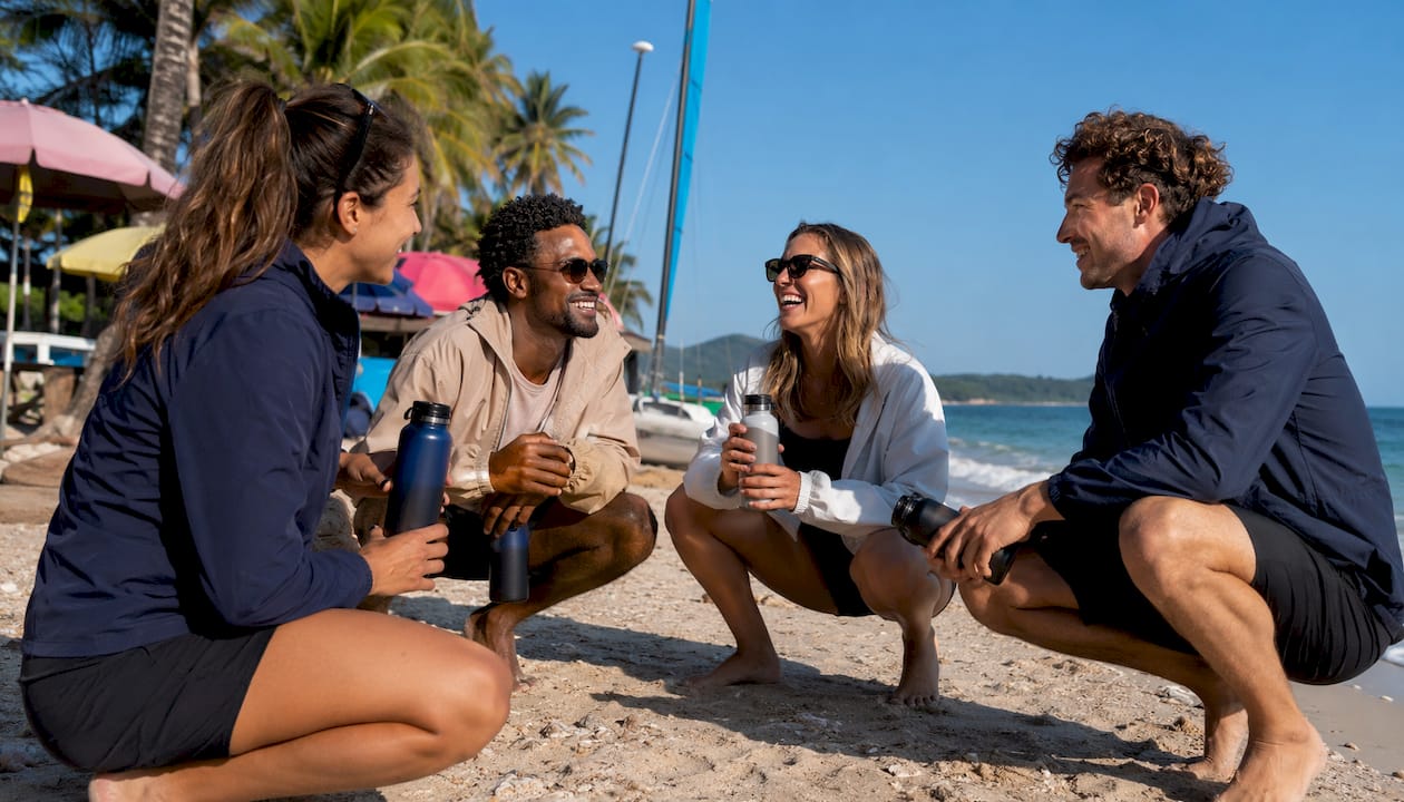 Group of solo travelers socializing on sailboat deck