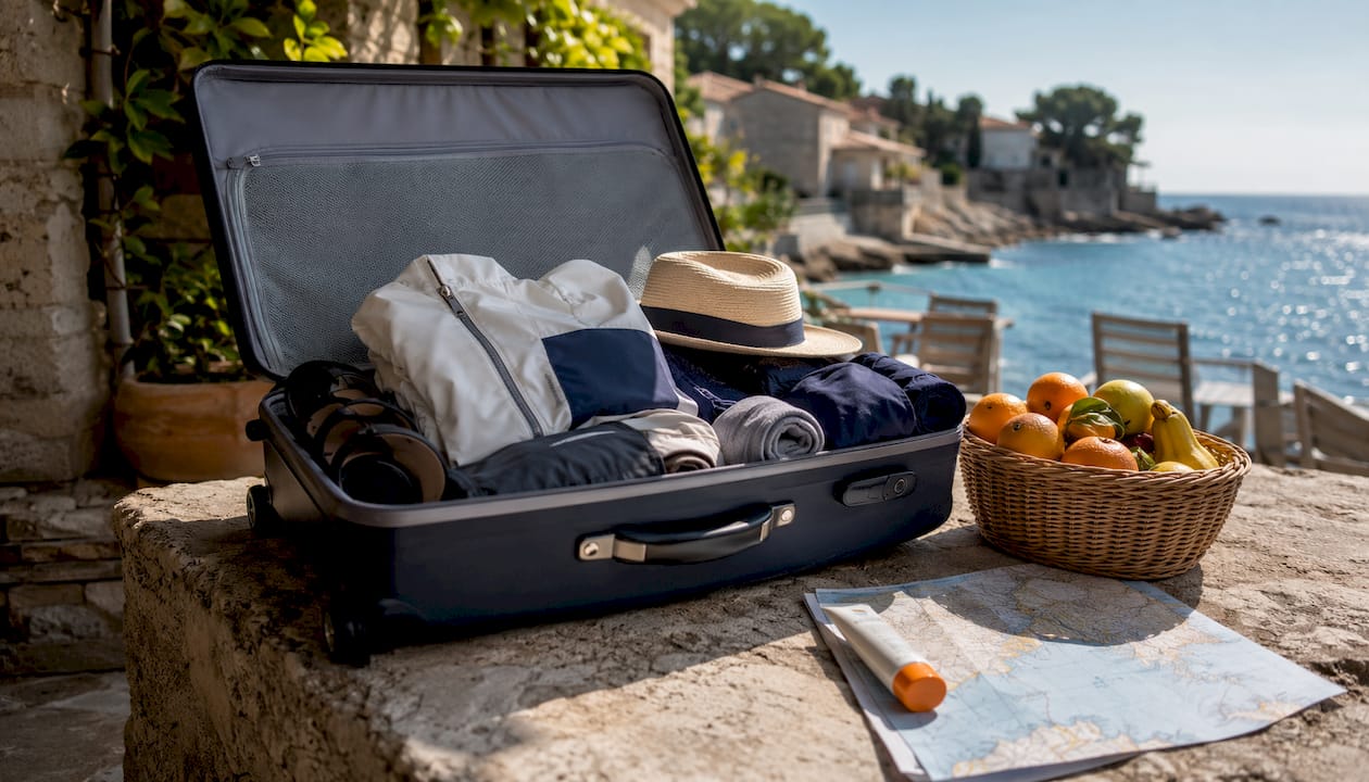 Overhead view of packed sailing travel essentials in suitcase