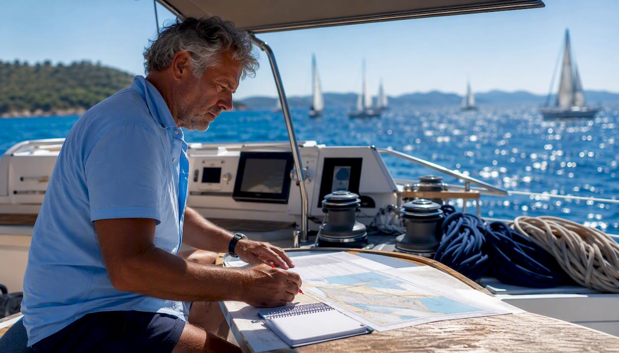 Skipper managing yacht navigation charts and controls