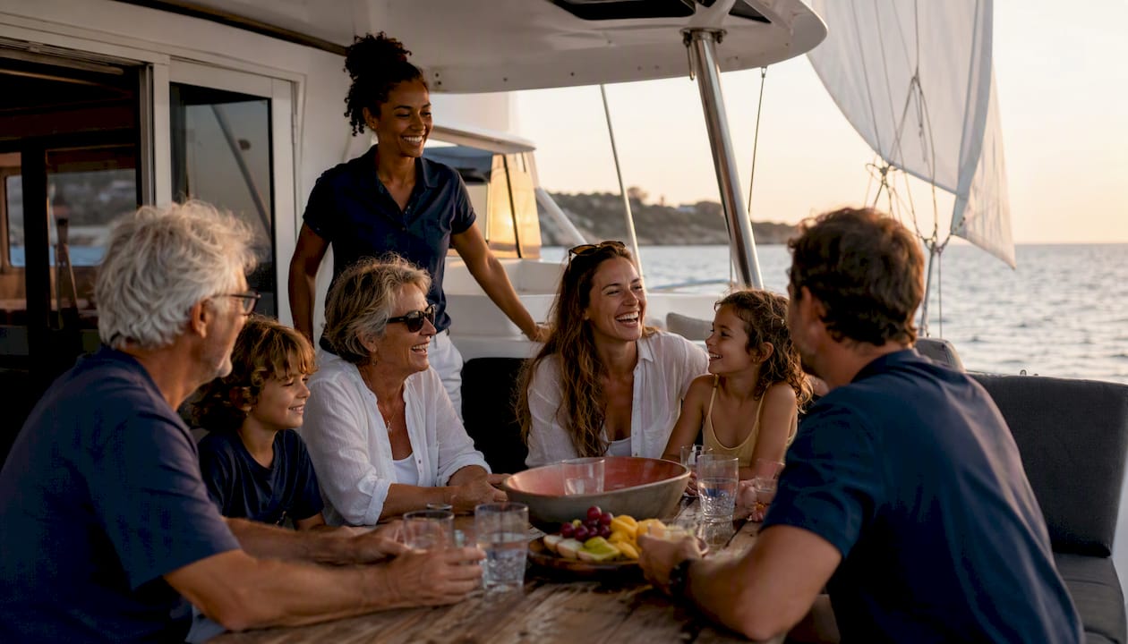 Family and skipper enjoying leisure on sailboat deck