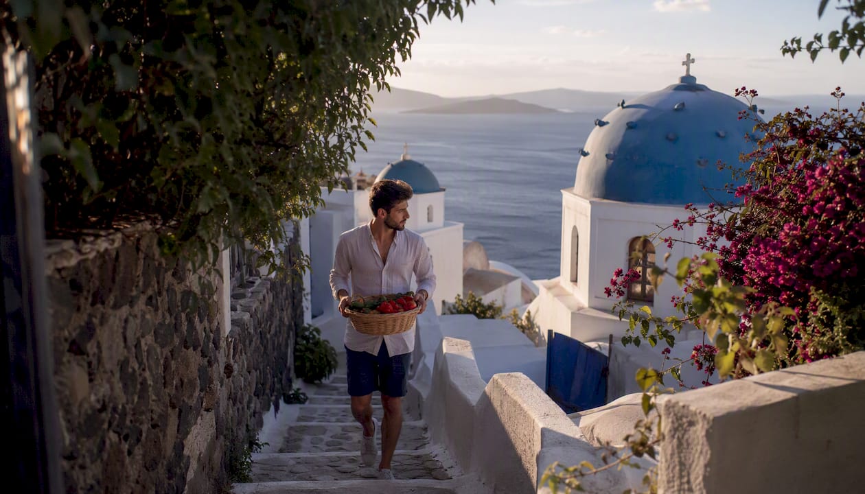 Sunlit Cyclades island village street view