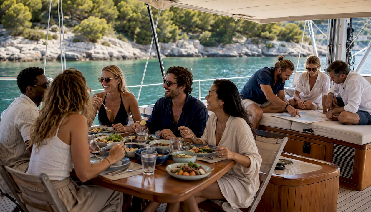 Group on luxury yacht in Greek bay