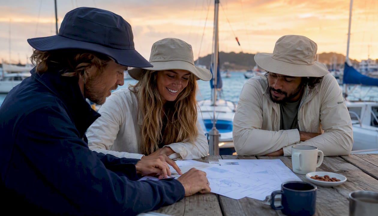 Group reviewing sailing plans by marina table