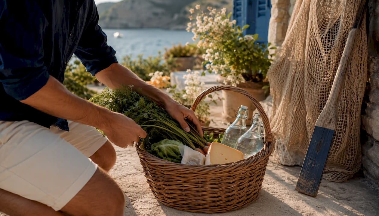 Hands packing food provisions on boat deck
